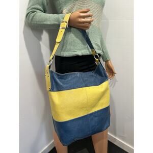 Innuendo leather handbag Yellow blue Large Bag With Adjustable Strap Buckle